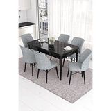 Canisa Eva Serisi 80x132 Açılabilir Mdf Mutfak Masası Takımı Siyah Mermer Desen Masa 6 Gri Sandalye