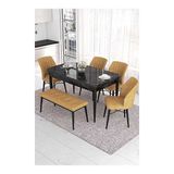 Canisa Eva Serisi 80x132 Açılabilir MDF Siyah Mermer Desen Mutfak Masası ve Cappucino 4 Sandalye 1 Bench