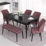 Canisa Eva Serisi 80x132 Açılabilir MDF Siyah Mermer Desen Mutfak Masası ve Gül Kurusu 4 Sandalye 1 Bench