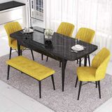 Canisa Eva Serisi 80x132 Açılabilir MDF Siyah Mermer Desen Mutfak Masası ve Hardal 4 Sandalye 1 Bench