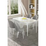 Canisa Gale Serisi 80x132 Açılabilir Lak Panel Beyaz Mermer Desen Mutfak Masa Takımı 4 Gri Sandalye