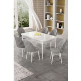 Canisa Gale Serisi 80x132 Açılabilir Lak Panel Beyaz Mermer Desen Mutfak Masa Takımı 6 Gri Sandalye
