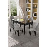 Canisa Gale Serisi 80x132 Açılabilir Lak Panel Siyah Mermer Desen Mutfak Masa Takımı 6 Gri Sandalye