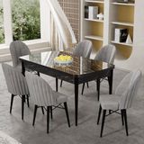 Canisa Gale Serisi 80X132 Açılabilir Lak Panel Siyah Mermer Desen Mutfak Masa Takımı ve 6 Sandalye - Gri