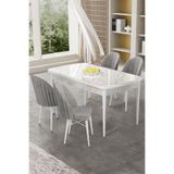 Canisa Gale Serisi 80x132 cm Açılabilir Beyaz Mermer Desen Mutfak Masa Takımı, 4 Gri Sandalye