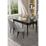 Canisa Gale Serisi 80x132 cm Açılabilir Siyah Mermer Desen Mutfak Masa Takımı, 4 Gri Sandalye