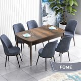 Canisa Han Serisi 70x114 Açılabilir Mdf Barok Ahşap Desen Masa Takımı ve 6 Adet Füme Sandalye