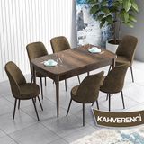 Canisa Han Serisi 70x114 Açılabilir Mdf Barok Ahşap Desen Masa Takımı ve 6 Adet Kahverengi Sandalye
