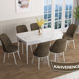 Canisa Han Serisi 70x114 Açılabilir Mdf Beyaz Mermer Desen Masa Takımı ve 6 Adet Kahverengi Sandalye