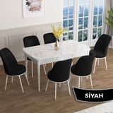 Canisa Han Serisi 70x114 Açılabilir Mdf Beyaz Mermer Desen Masa Takımı ve 6 Adet Siyah Sandalye