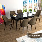 Canisa Han Serisi 70x114 Açılabilir Mdf Siyah Mermer Desen Masa Takımı ve 6 Adet Kahverengi Sandalye