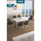 Canisa Han Serisi 70x114 cm Açılabilir MDF Masa Takımı, Beyaz Mermer Desen Masa, 6 Kahve Sandalye