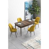 Canisa Han Serisi 70x114 cm Açılabilir MDF Mutfak Masası Takımı, Barok Desen Masa, 4 Hardal Sarısı Sandalye
