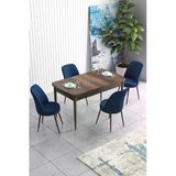 Canisa Han Serisi, Barok Ahşap Desen 70X114 Açılabilir Mdf Yemek Masası Takımı, 4 Lacivert Sandalye