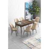 Canisa Han Serisi Barok Ahşap Desen 70x114 cm Açılabilir MDF Mutfak Masa Takımı, 6 Krem Sandalye