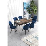 Canisa Han Serisi Barok Ahşap Desen 70x114 cm Açılabilir MDF Mutfak Masa Takımı, 6 Lacivert Sandalye