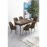Canisa Han Serisi Barok Ahşap Desen Mutfak Masa Takımı, 70x114 cm, Açılabilir MDF, 6 Kahve Sandalye
