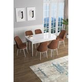 Canisa Han Serisi, Beyaz 70X114 Açılabilir Mdf Yemek Odası Takımı, 6 Kiremit Sandalye