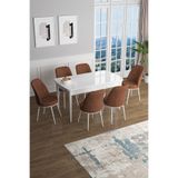Canisa Han Serisi Beyaz 70x114 cm Açılabilir MDF Yemek Odası Takımı, 6 Kiremit Sandalye