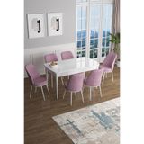 Canisa Han Serisi Beyaz 70x114 cm Açılabilir MDF Yemek Odası Takımı, 6 Pembe Sandalye