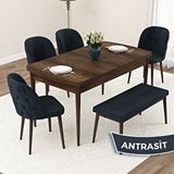 Canisa Jae Serisi 80x132 Açılabilir Barok Ahşap Desen Mutfak Masası Takımı ve 4 Antrasit Sandalye ve Antrasit 1 Bench