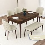 Canisa Jae Serisi 80x132 Açılabilir Barok Ahşap Desen Mutfak Masası Takımı ve 4 Krem Sandalye ve Krem 1 Bench