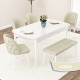 Canisa Jae Serisi 80x132 Açılabilir Beyaz Mutfak Masası Takımı ve 4 Krem Sandalye ve Krem 1 Bench