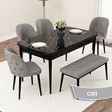 Canisa Jae Serisi 80x132 Açılabilir Siyah Mermer Desen Mutfak Masası Takımı Ve 4 Gri Sandalye Ve 1 Bench