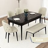 Canisa Jae Serisi 80x132 Açılabilir Siyah Mermer Desen Mutfak Masası Takımı ve 4 Krem Sandalye ve Krem 1 Bench
