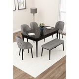 Canisa Jae Serisi Açılabilir 80x132 Siyah Mermer Desen Mutfak Masası Takımı 4 Gri Sandalye 1 Bench