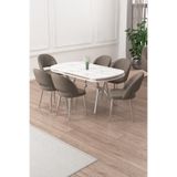 Canisa Jita Serisi 90x168 cm Beyaz Mermer Desen Masa Takımı, 6 Cappucino Sandalye, Krom Ayak