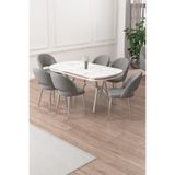 Canisa Jita Serisi 90x168 cm Beyaz Mermer Desen Masa Takımı, 6 Gri Sandalye, Krom Ayak