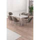 Canisa Jita Serisi 90x168 cm Lak Panel Rampla Gri Krom Ayak Masa Takımı, 6 Cappucino Sandalye
