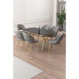 Canisa Jita Serisi 90x168 cm Siyah Mermer Masa, Gold Ayak, 6 Gri Sandalye Takımı