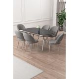 Canisa Jita Serisi 90x168 cm Siyah Mermer Masa Takımı, 6 Gri Sandalye, Krom Ayak