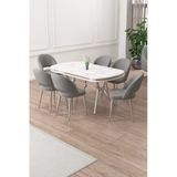 Canisa Jita Serisi 90x168 Lak Panel Beyaz Mermer Desen Krom Ayak Masa Takımı ve 6 Gri Sandalye