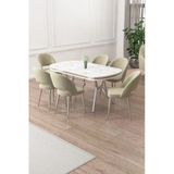 Canisa Jita Serisi 90X168 Lak Panel Beyaz Mermer Desen Krom Ayak Masa Takımı Ve 6 Krem Sandalye