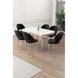 Canisa Jita Serisi 90X168 Lak Panel Beyaz Mermer Desen Krom Ayak Masa Takımı Ve 6 Siyah Sandalye