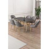 Canisa Jita Serisi 90X168 Lak Panel Siyah Mermer Gold Ayak Masa Takımı Ve 6 Gri Sandalye