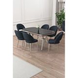 Canisa Jita Serisi 90x168 Lak Panel Siyah Mermer Krom Ayak Masa Takımı ve 6 Antrasit Sandalye