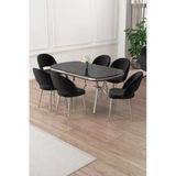 Canisa Jita Serisi 90X168 Lak Panel Siyah Mermer Krom Ayak Masa Takımı Ve 6 Siyah Sandalye