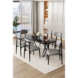 Canisa Jolin Serisi 90x168 cm Siyah Mermer Desen MDF Masa Takımı, 6 Gri Metal Sandalye