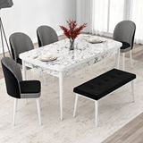 Canisa Jul Serisi 80x132 Açılabilir Beyaz Mermer Desen Mutfak Masası Takımı ve 4 Kazayağı Desen Sandalye ve 1 Bench