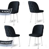 Canisa Kage Serisi 4 Adet Antrasit 1. Sınıf Babyface Kumaş Kapitoneli Beyaz Metal Ayaklı Yemek Odası Sandalyesi