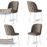 Canisa Kage Serisi 4 Adet Cappucino 1. Sınıf Babyface Kumaş Kapitoneli Beyaz Metal Ayaklı Yemek Odası Sandalyesi