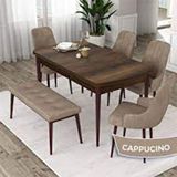 Canisa Kar Serisi 80x132 Açılabilir Mdf Barok Ahşap Desen 4 Kahverengi Sandalye ve 1 Bench Kahverengi Masa Takımı