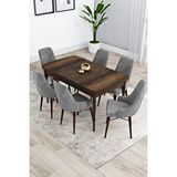 Canisa Kar Serisi 80x132 Açılabilir Mdf Barok Ahşap Desenli 6 Gri Sandalye Mutfak Masası Takımı Kahverengi