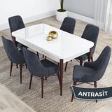 Canisa Kar Serisi 80x132 Açılabilir Mdf Beyaz Ceviz Ayak Masa Takımı ve 6 Adet Antrasit Sandalye