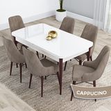 Canisa Kar Serisi 80x132 Açılabilir Mdf Beyaz Ceviz Ayak Masa Takımı ve 6 Adet Cappucino Sandalye
