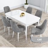 Canisa Kar Serisi 80x132 Açılabilir Mdf Beyaz Masa Takımı ve 6 Adet Gri Sandalye